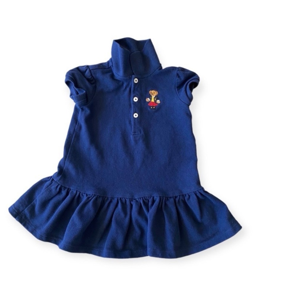 Ralph Lauren Navy Blue Embroidered Polo Bear Baby Collared Dress 12months